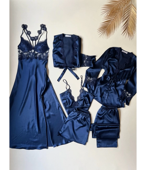 Imported™ Long Slit Silk Nighty Set (5 Pieces)