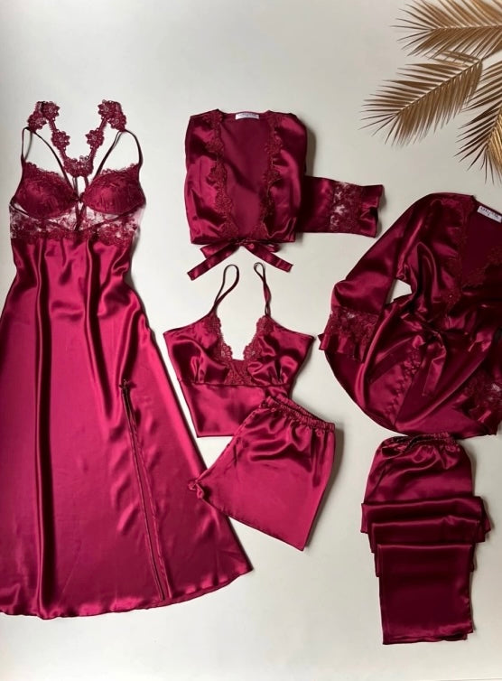 Imported™ Long Slit Silk Nighty Set (5 Pieces)