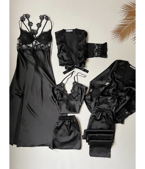 Imported™ Long Slit Silk Nighty Set (5 Pieces)