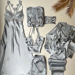 Imported™ Long Slit Silk Nighty Set (5 Pieces)