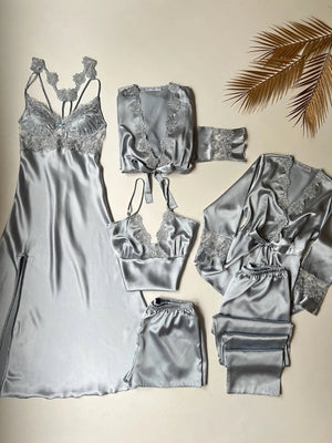 Imported™ Long Slit Silk Nighty Set (5 Pieces)